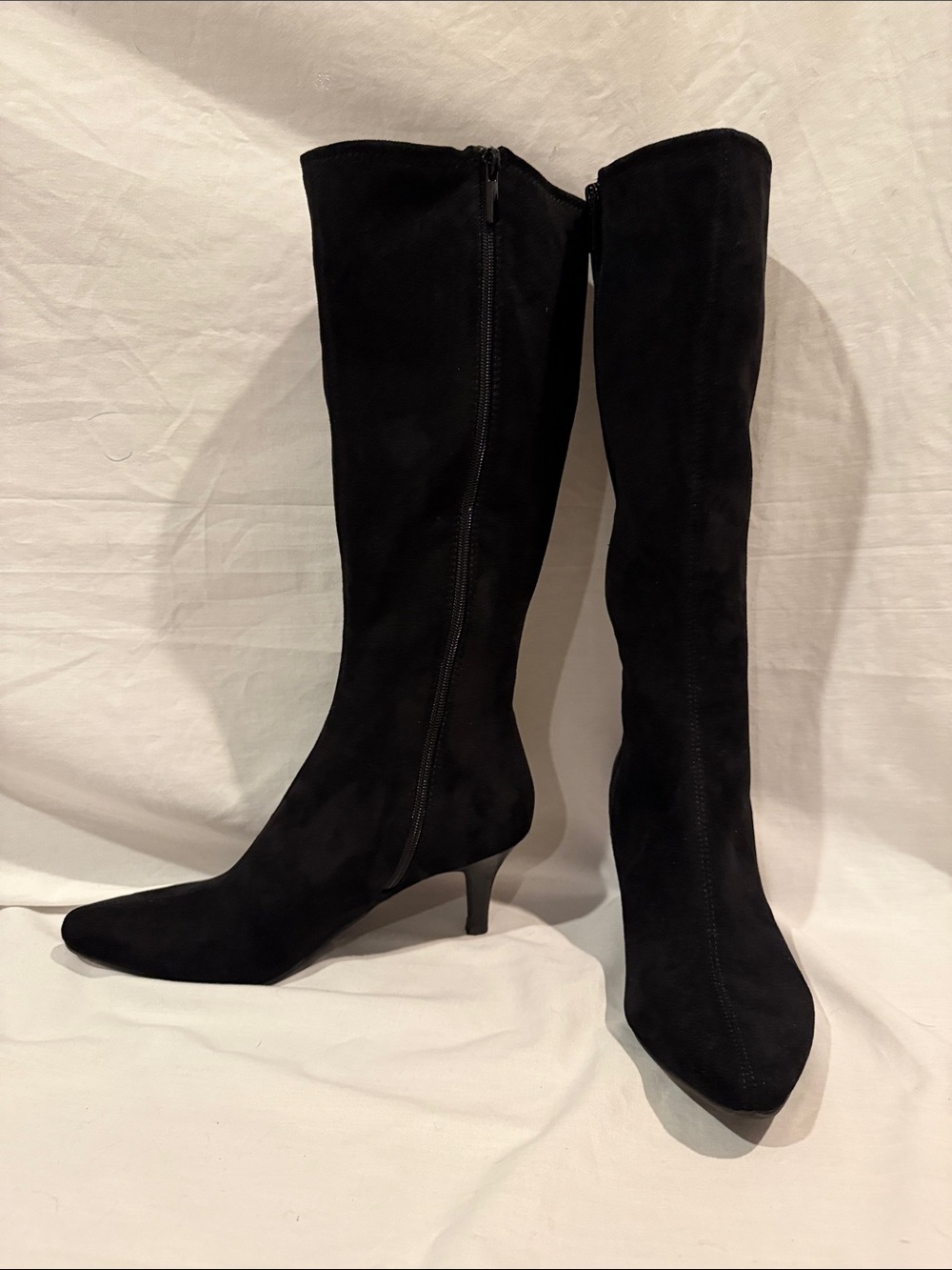 Black Knee-High Suede Kitten Heel Boots - Women